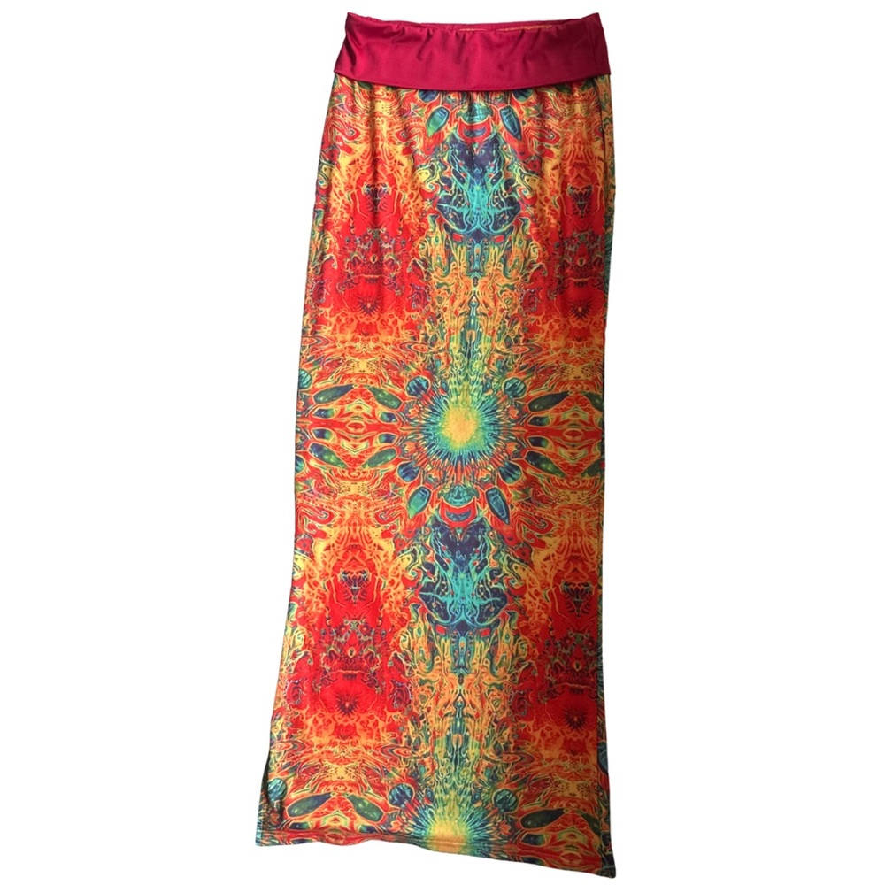 Psychedelic Rainbow Kaleidoscope Maxi Skirt W/ Slit - Festival Vibes | 28-30”
